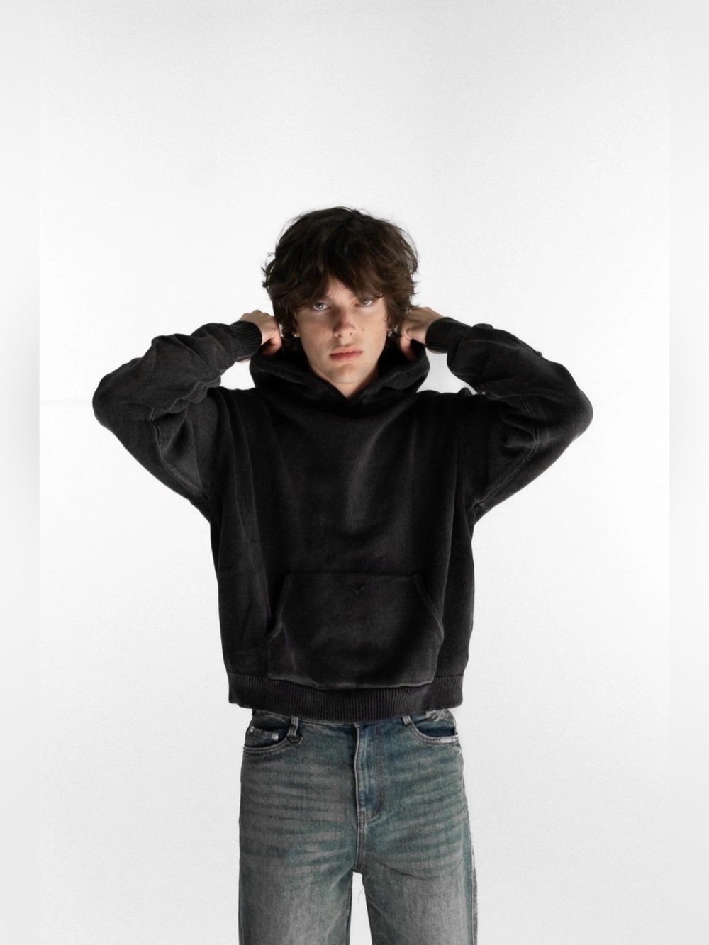 NWOT DITCH LA Knitted Pullover Hoodie Sweater, in Charcoal Grey, Stone Wash, M